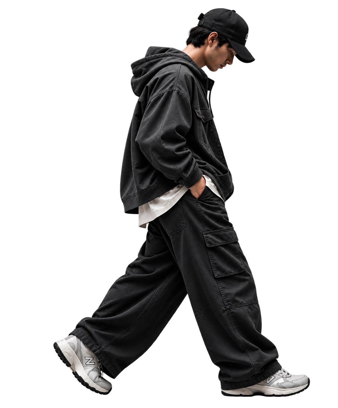 MARFI Clothing Male Model wearing Heavyweight Black T-Shirt and Olive Streetwear Cargo Track-Pants